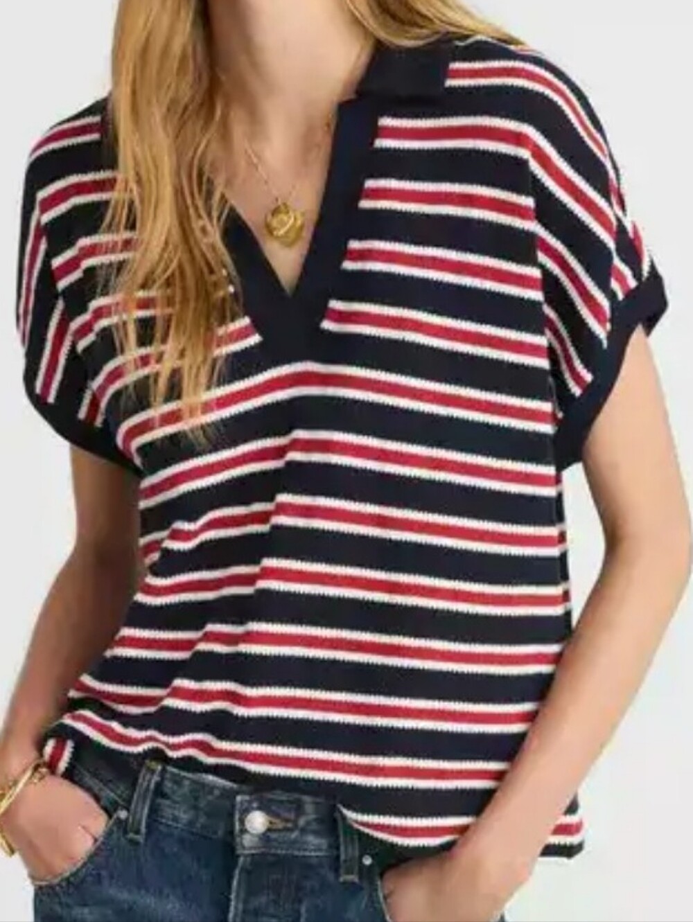 Madewell Women's Navy & Red Striped Relaxed V-Neck Polo Top